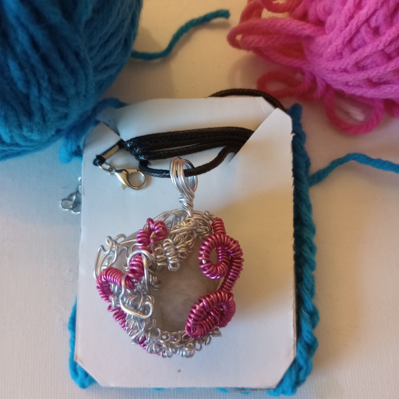 Elegant Silver and Pink Wire Wrapped Pendant Necklace - Picture 2 of 2